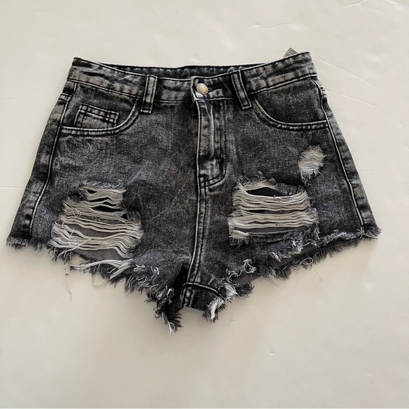 Distressed Black Denim Shorts - Picture 1 of 4